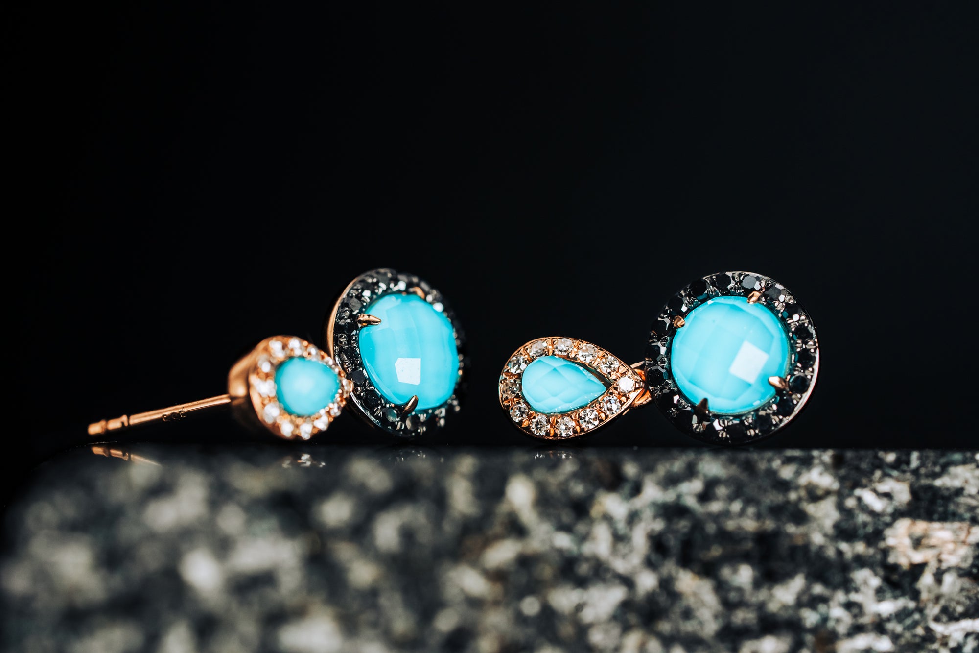 14k Rose Gold Turquoise, White Quartz, Back and White Diamond Earrings