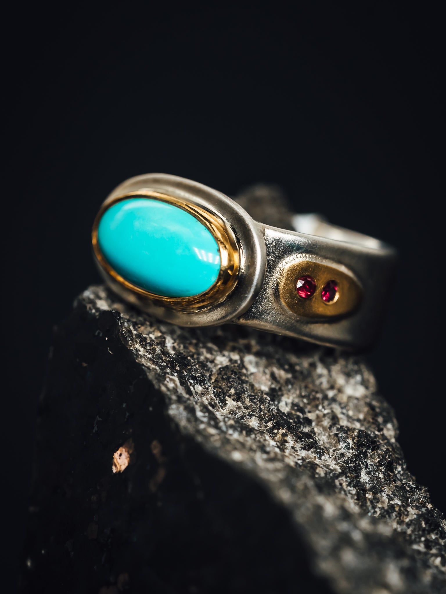 Sterling Silver/22k Yellow Gold Turquoise and Ruby Ring