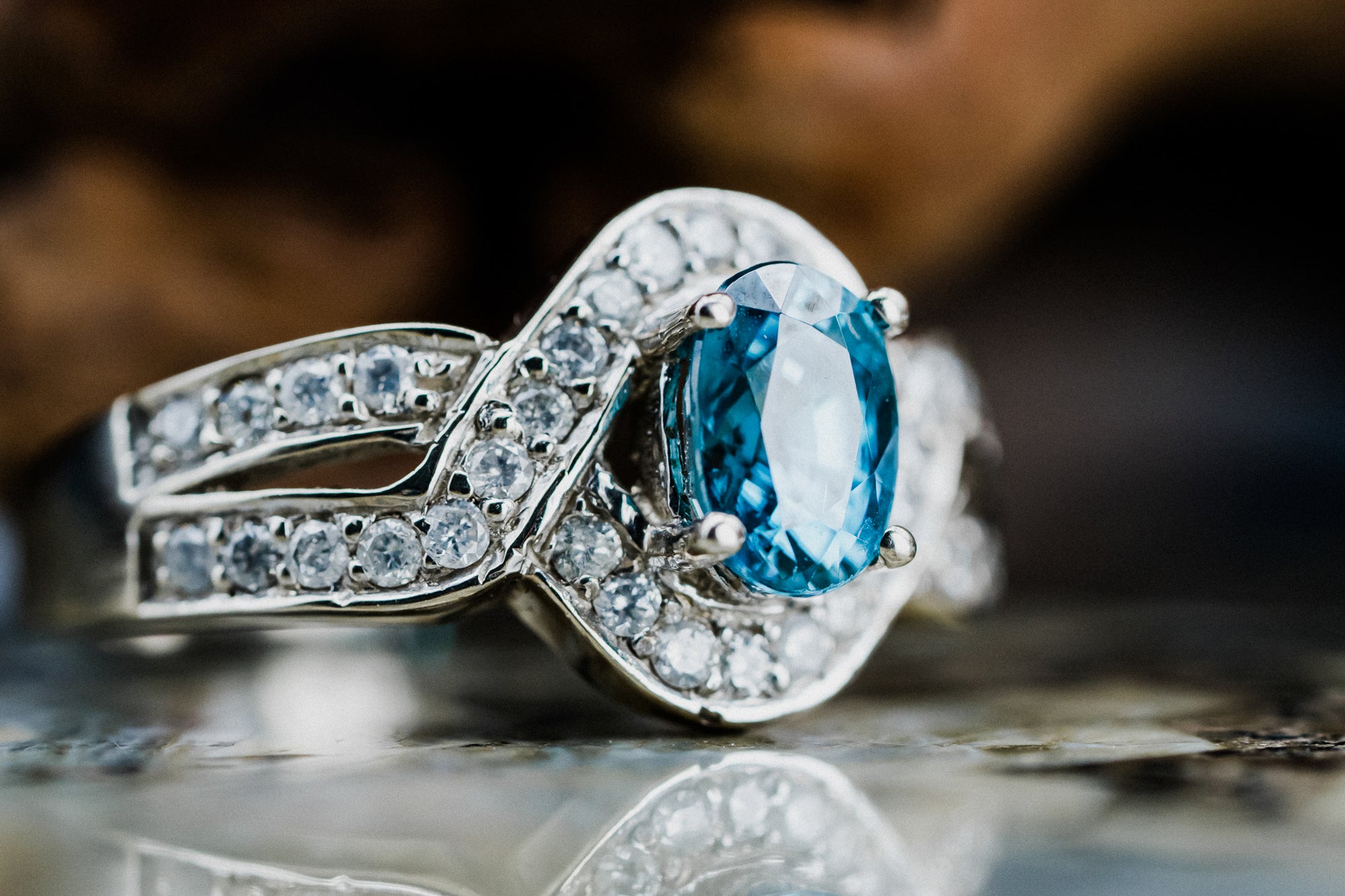 14k White Gold Blue Zircon and Diamond Ring