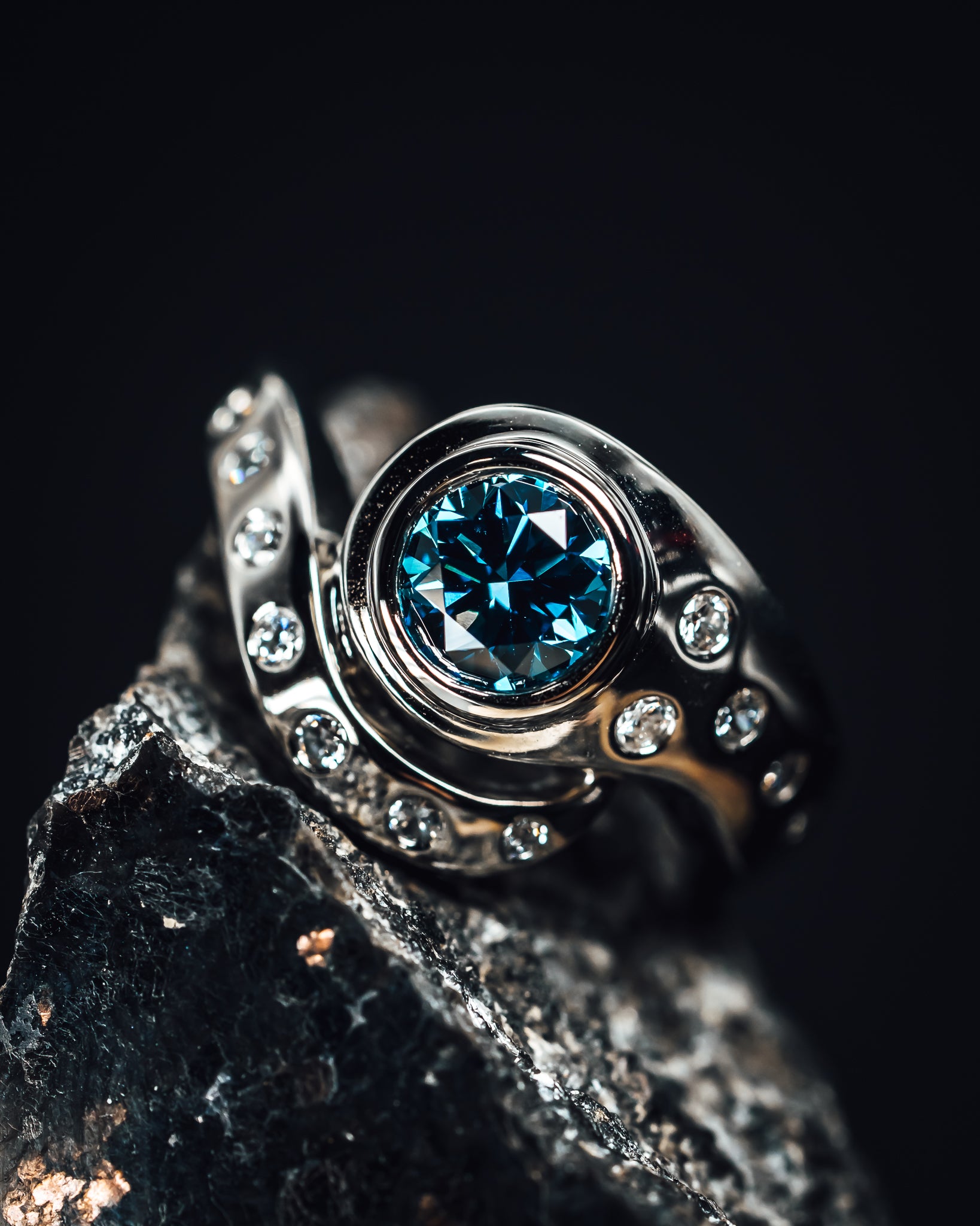 14k White Gold Lab Grown Blue Diamond Ring