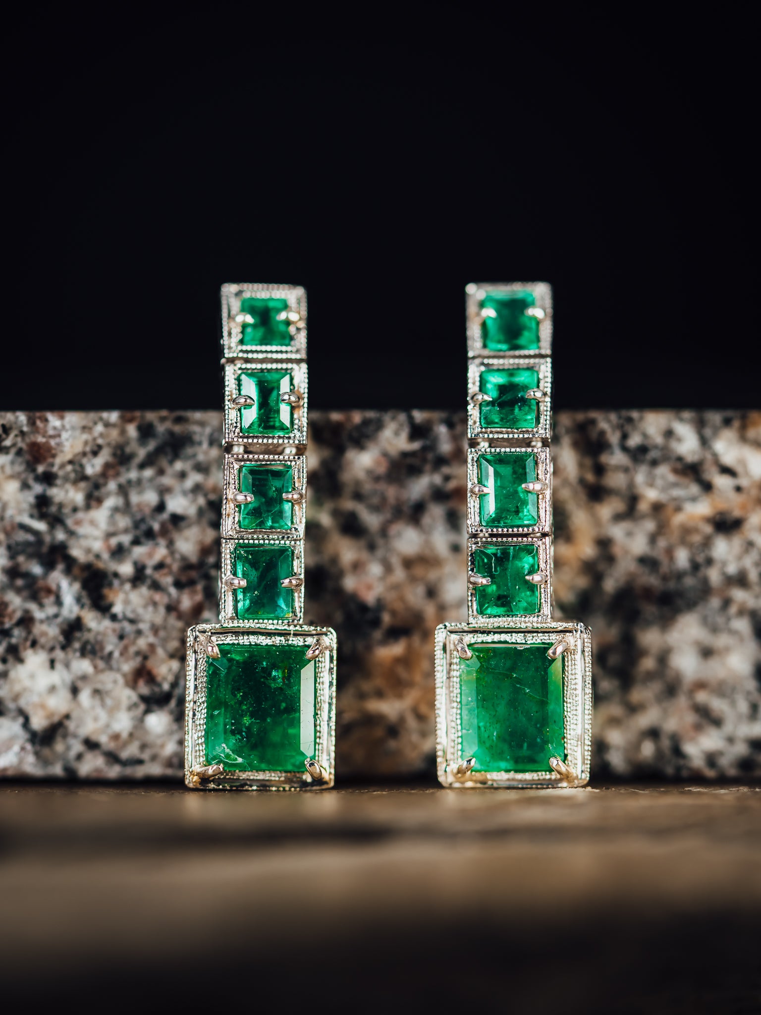 14k White Gold Emerald Drop Earrings