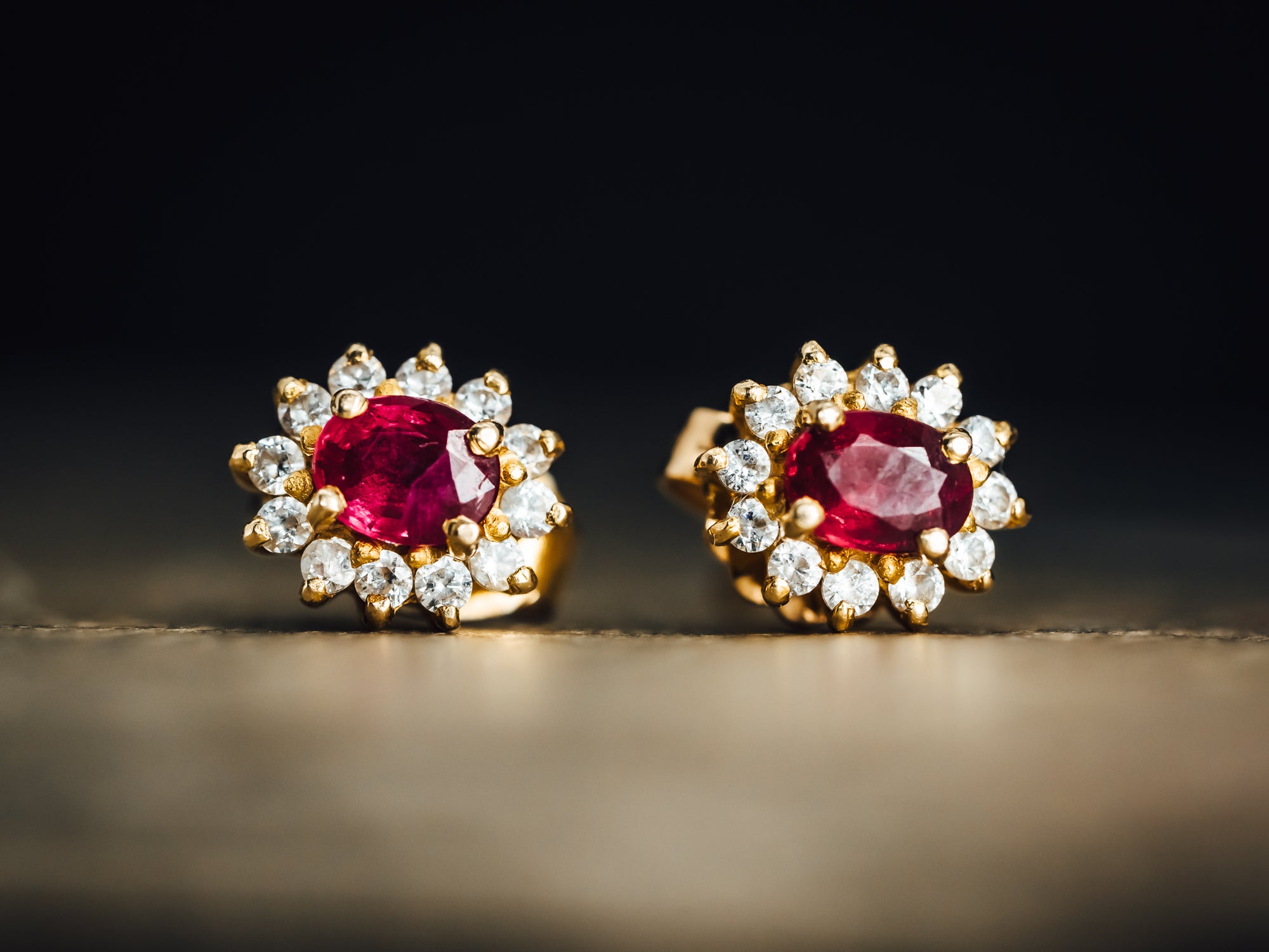 14k Yellow Gold Ruby and Diamond Halo Earrings