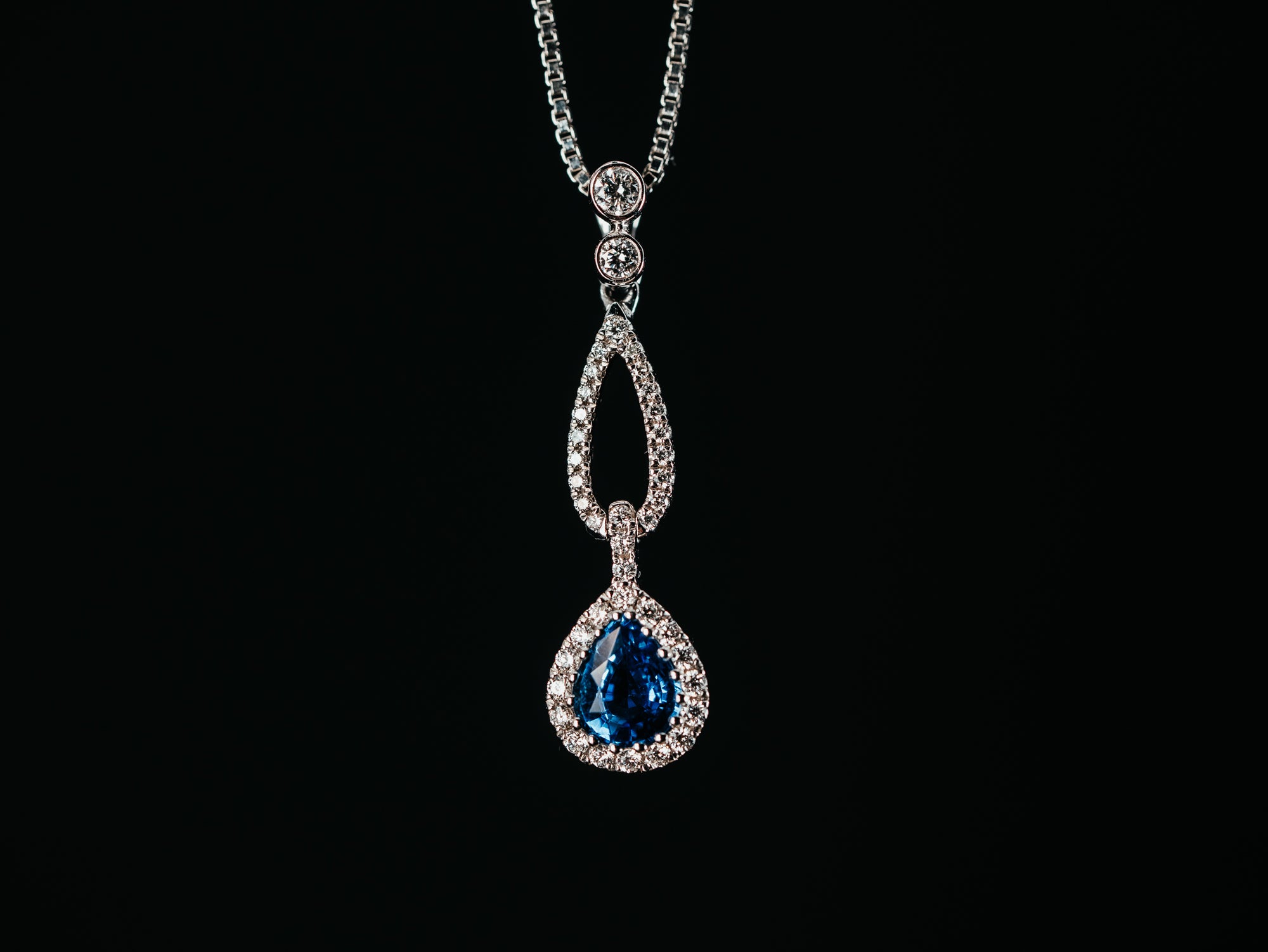 18k White Gold Sapphire and Diamond Drop Pendant