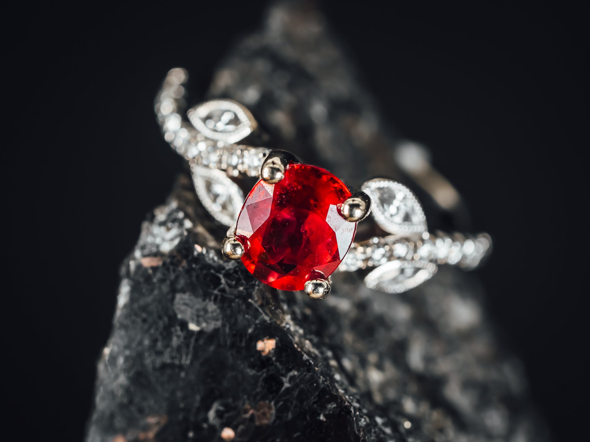 14k White Gold Red Sapphire and Diamond Ring