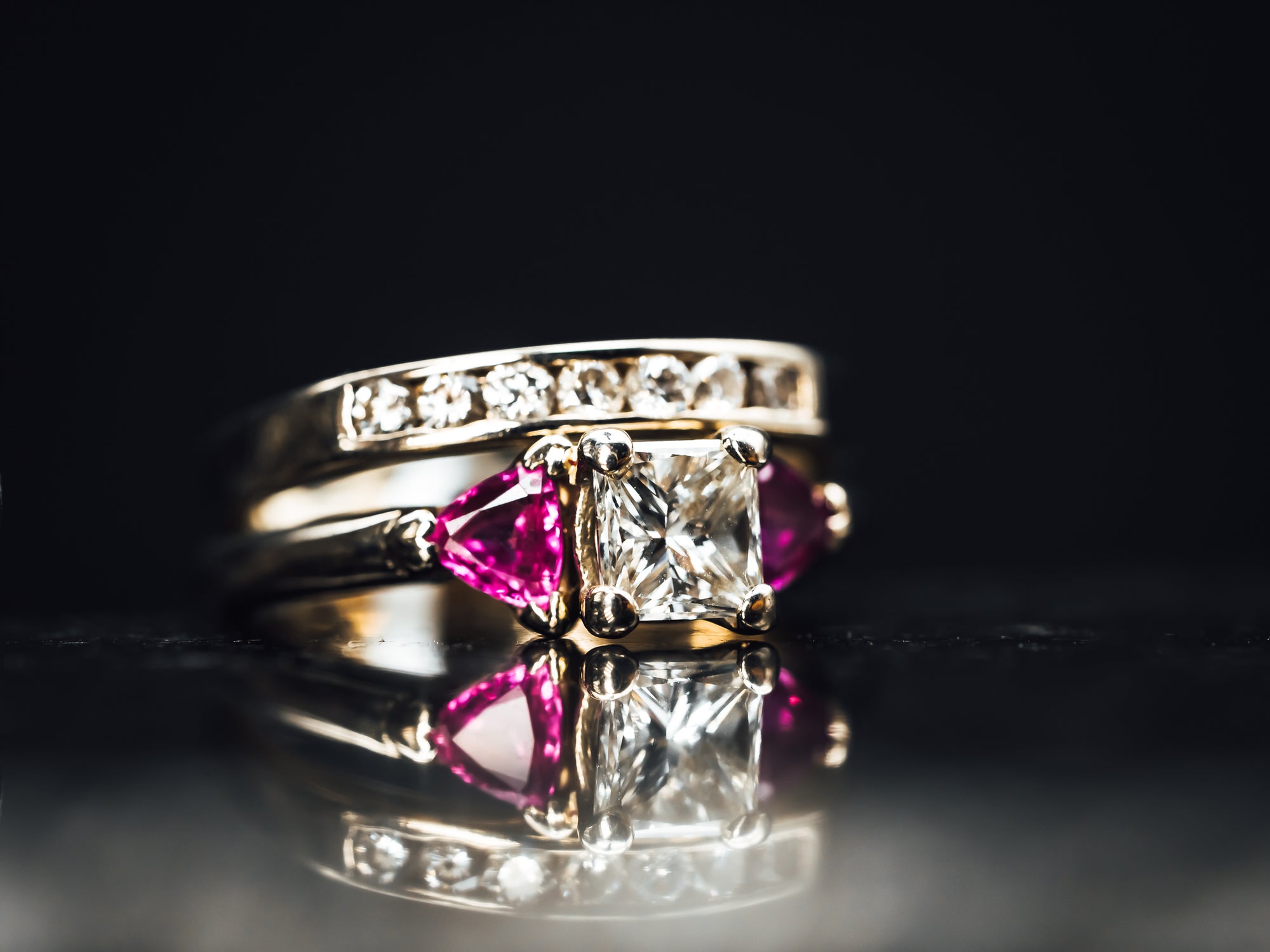 14k White Gold Diamond and Pink Sapphire Wedding Set