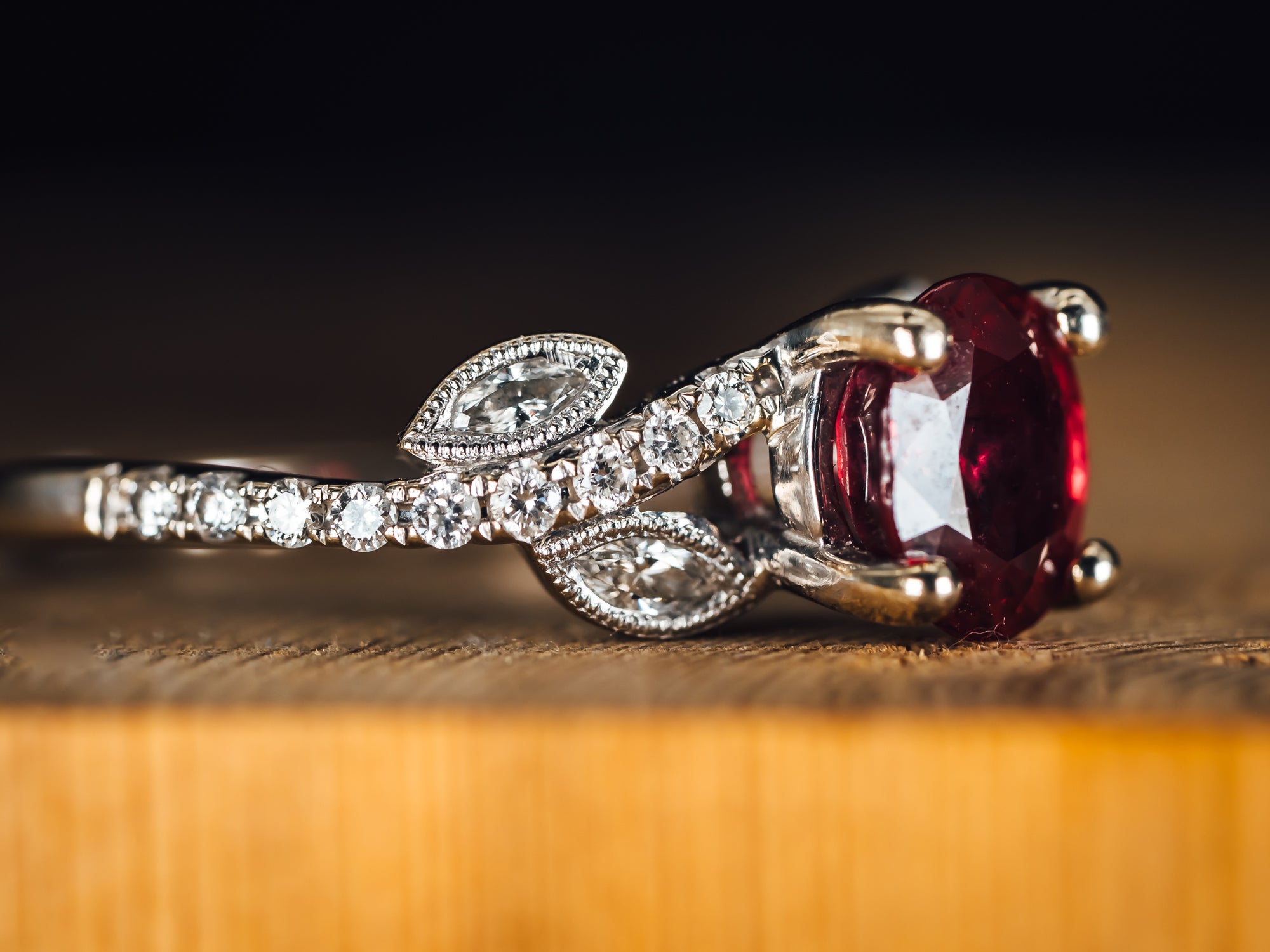 14k White Gold Red Sapphire and Diamond Ring