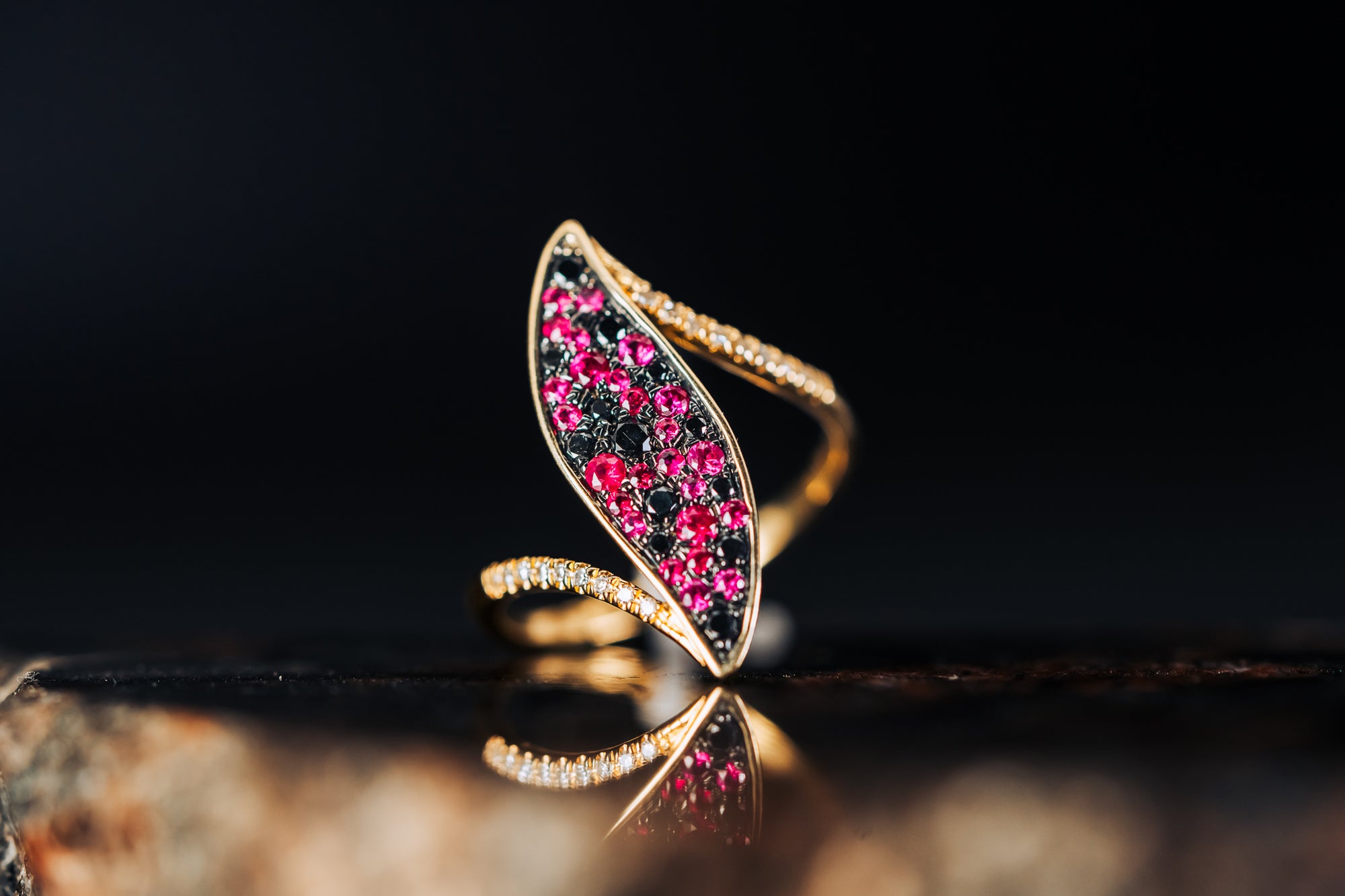 14k Yellow Gold Ruby and Black Diamond Ring