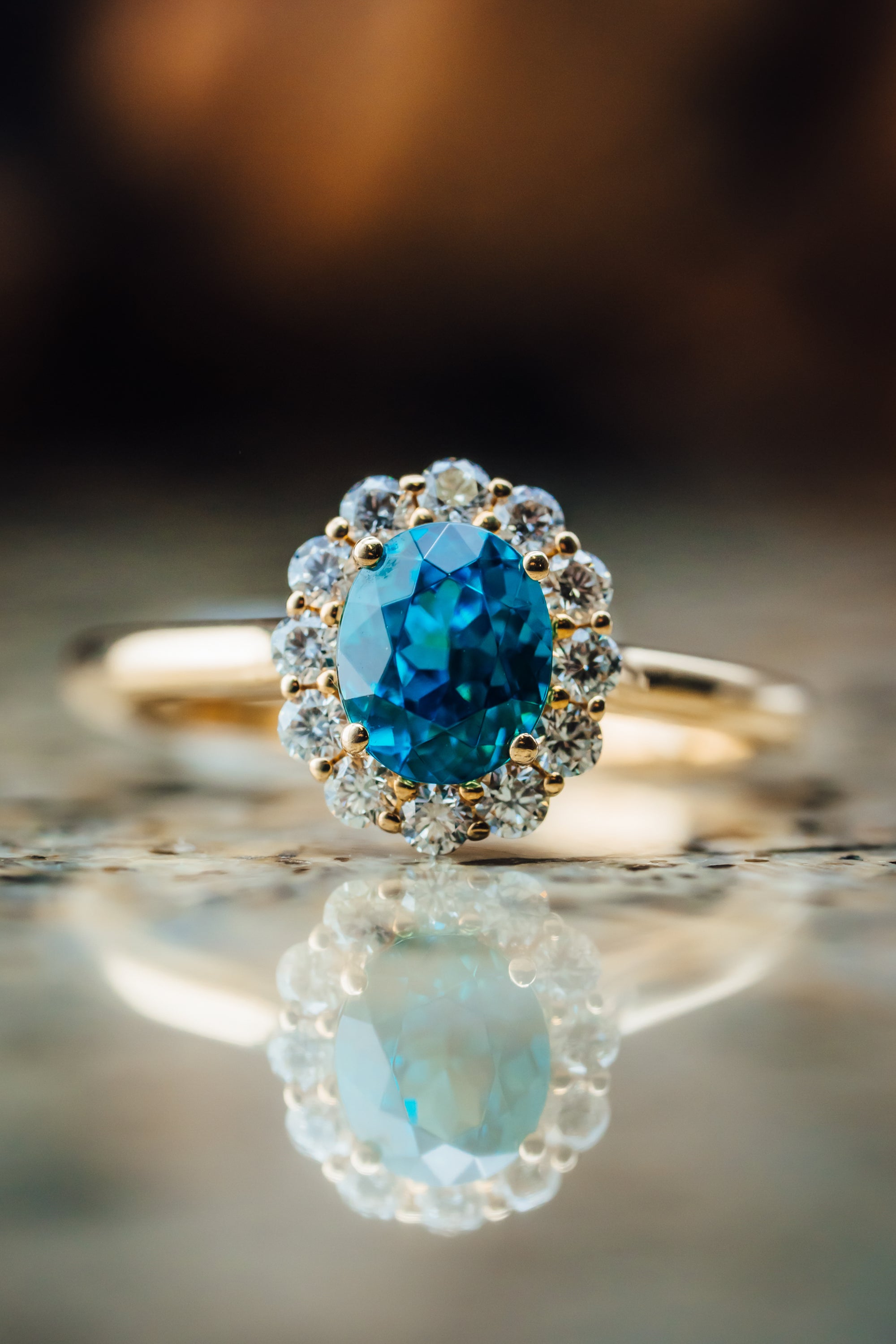 14k Yellow Gold Blue Zircon and Diamond Ring