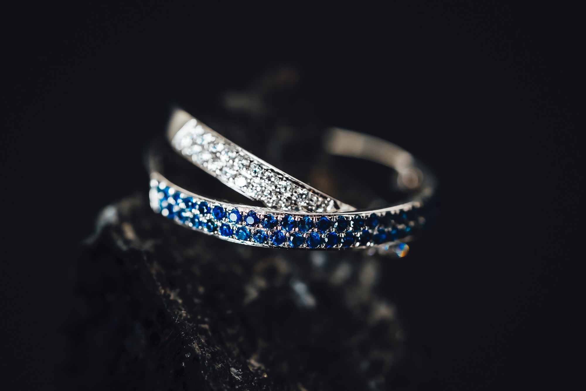 14k White Gold Sapphire and Diamond Criss Cross Band