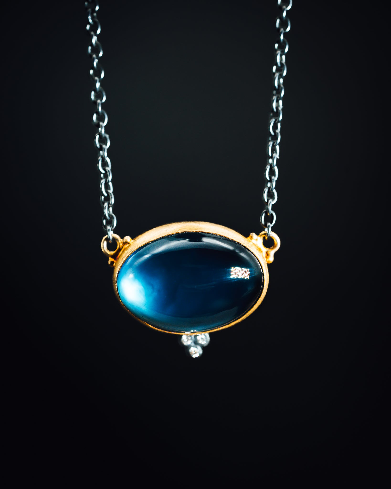 Oxidized Sterling Silver and 24k Yellow Gold Blue Topaz and Diamond Pendant