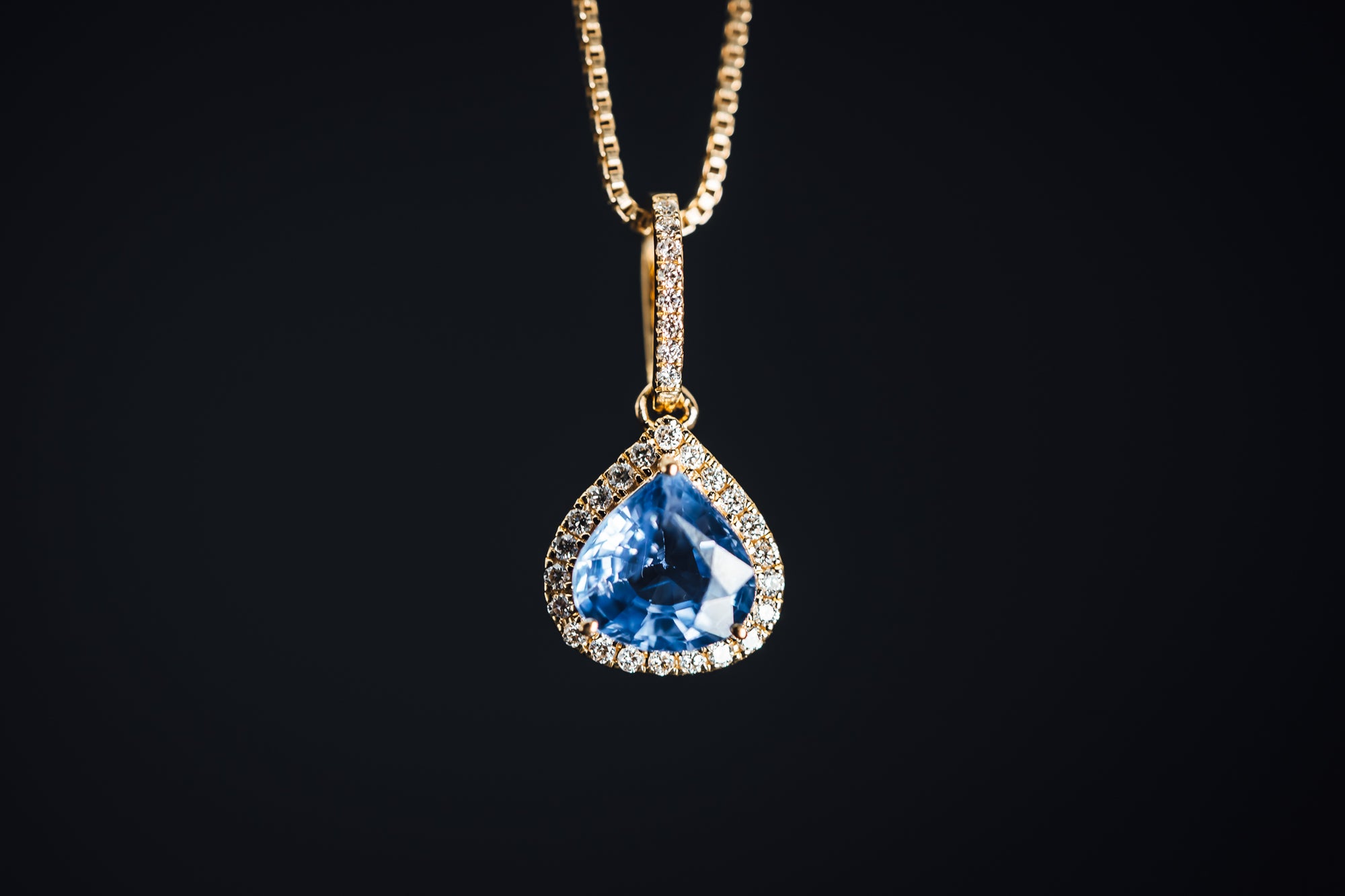 14k Yellow Gold Blue Sapphire and Diamond Drop Pendant