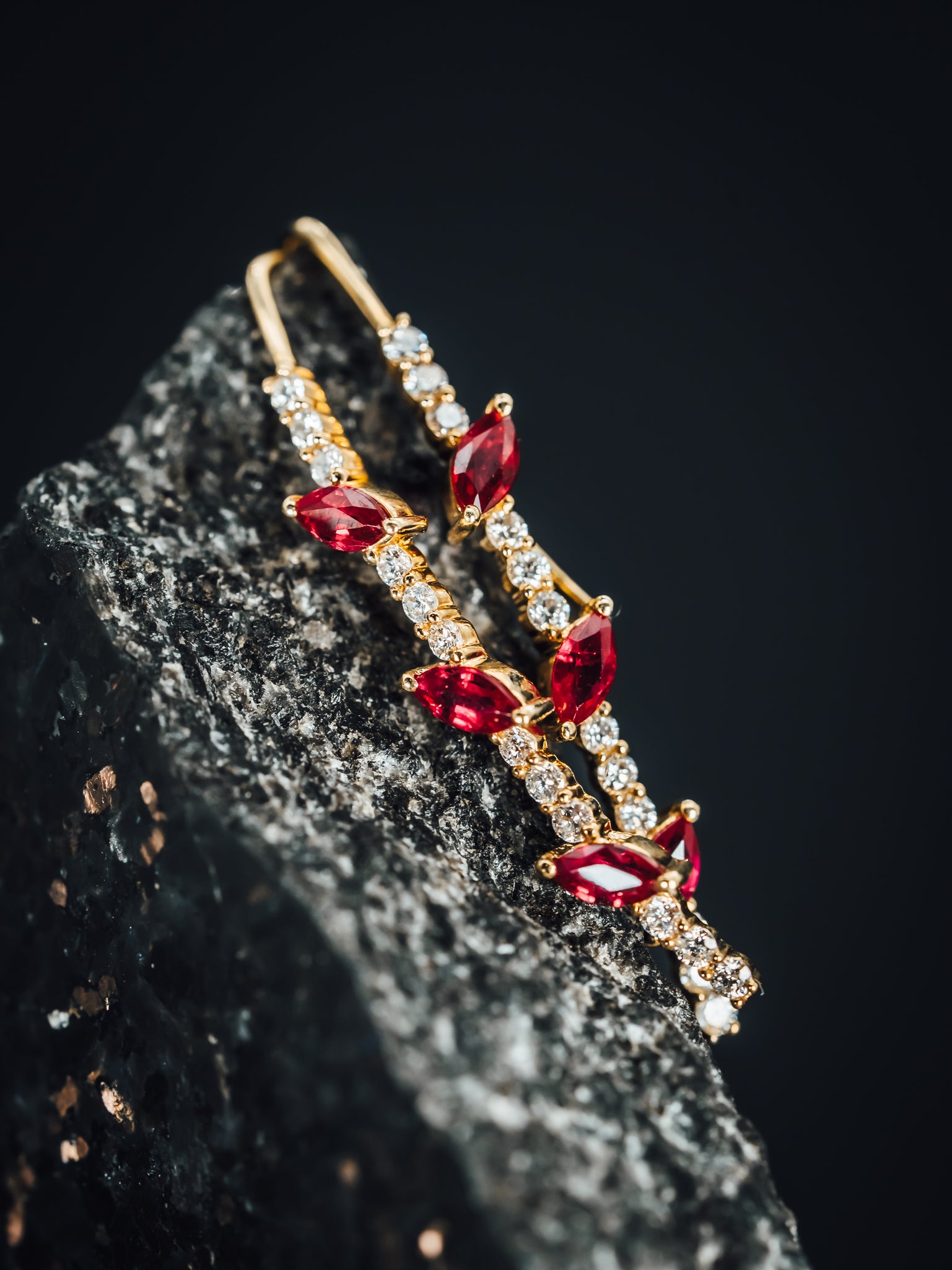 14k Yellow Gold Ruby and Diamond Drop Earrings