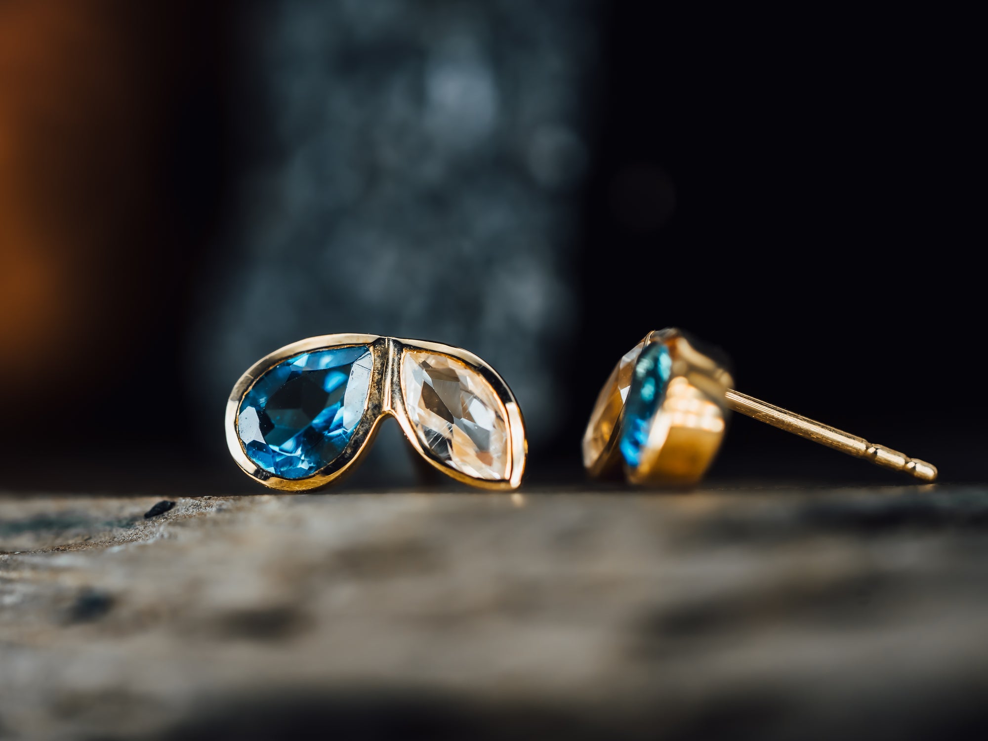 14k Yellow Gold Blue Topaz and White Topaz Earrings