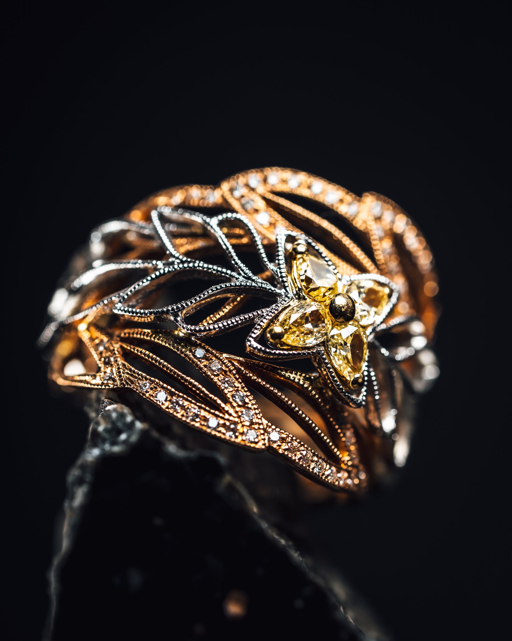 14k Tri-Color Yellow Diamond Ring