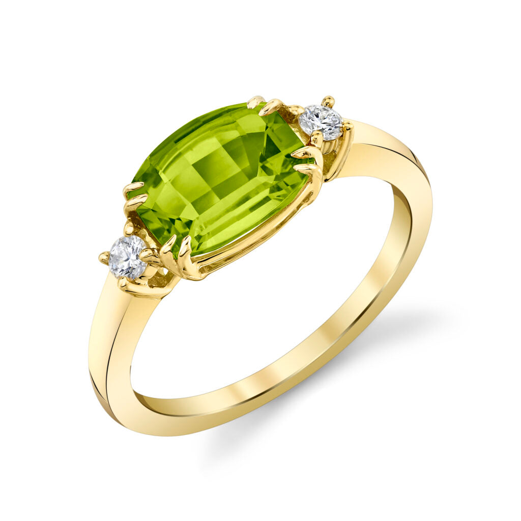 14k Yellow Gold Barrel Cut Peridot and Diamond Ring