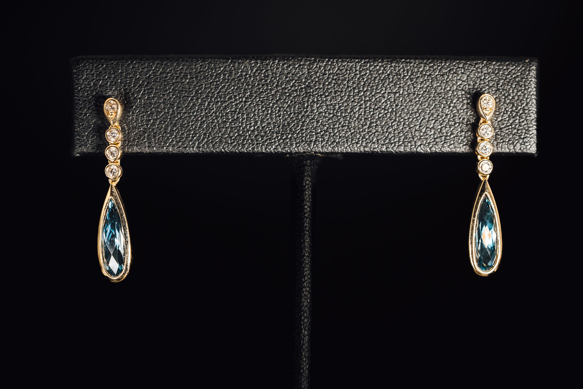 14k Yellow Gold Blue Topaz and Diamond Drop Earrings