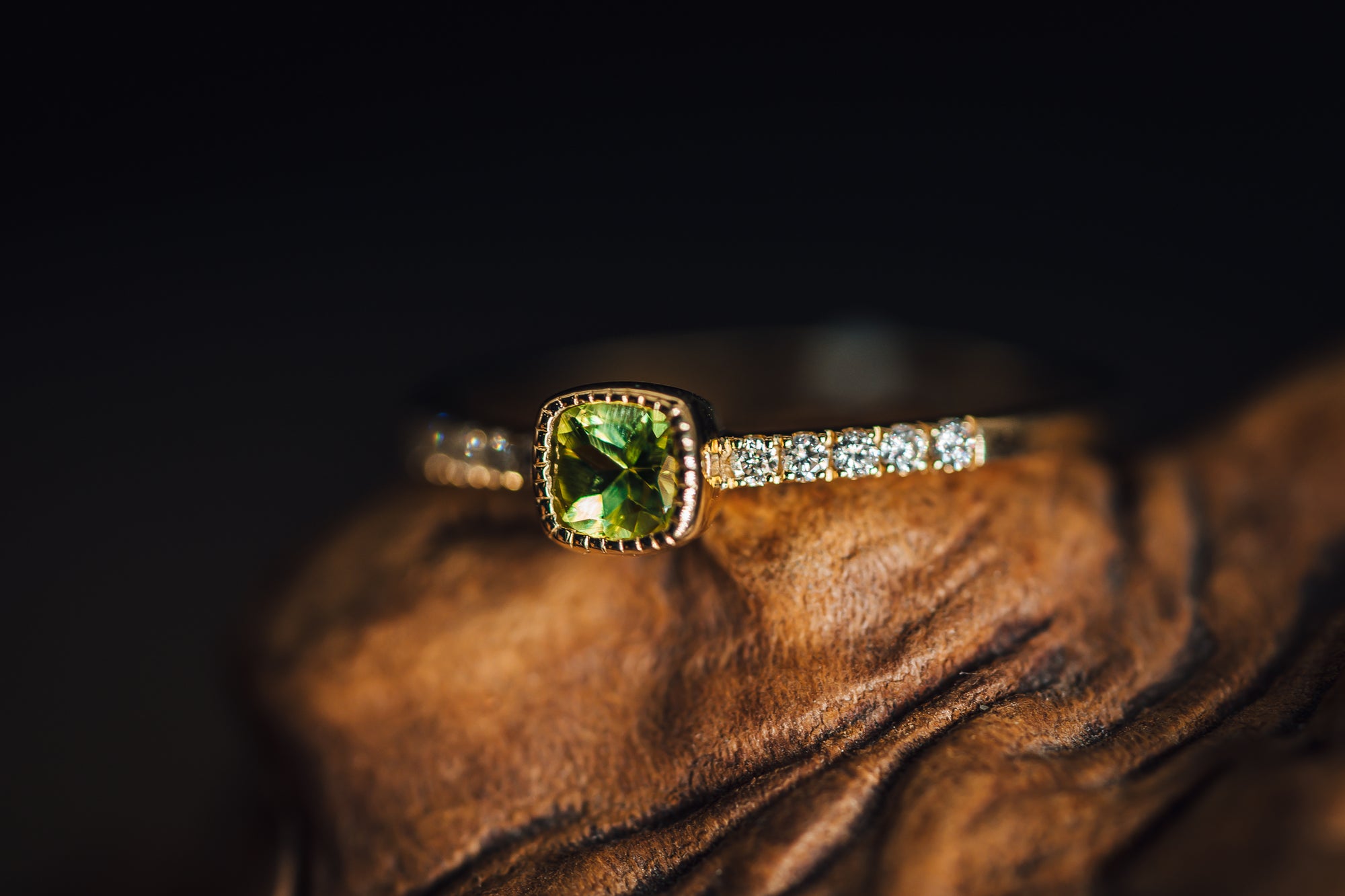 14K Yellow Gold Bezel Set Peridot and Diamond Ring