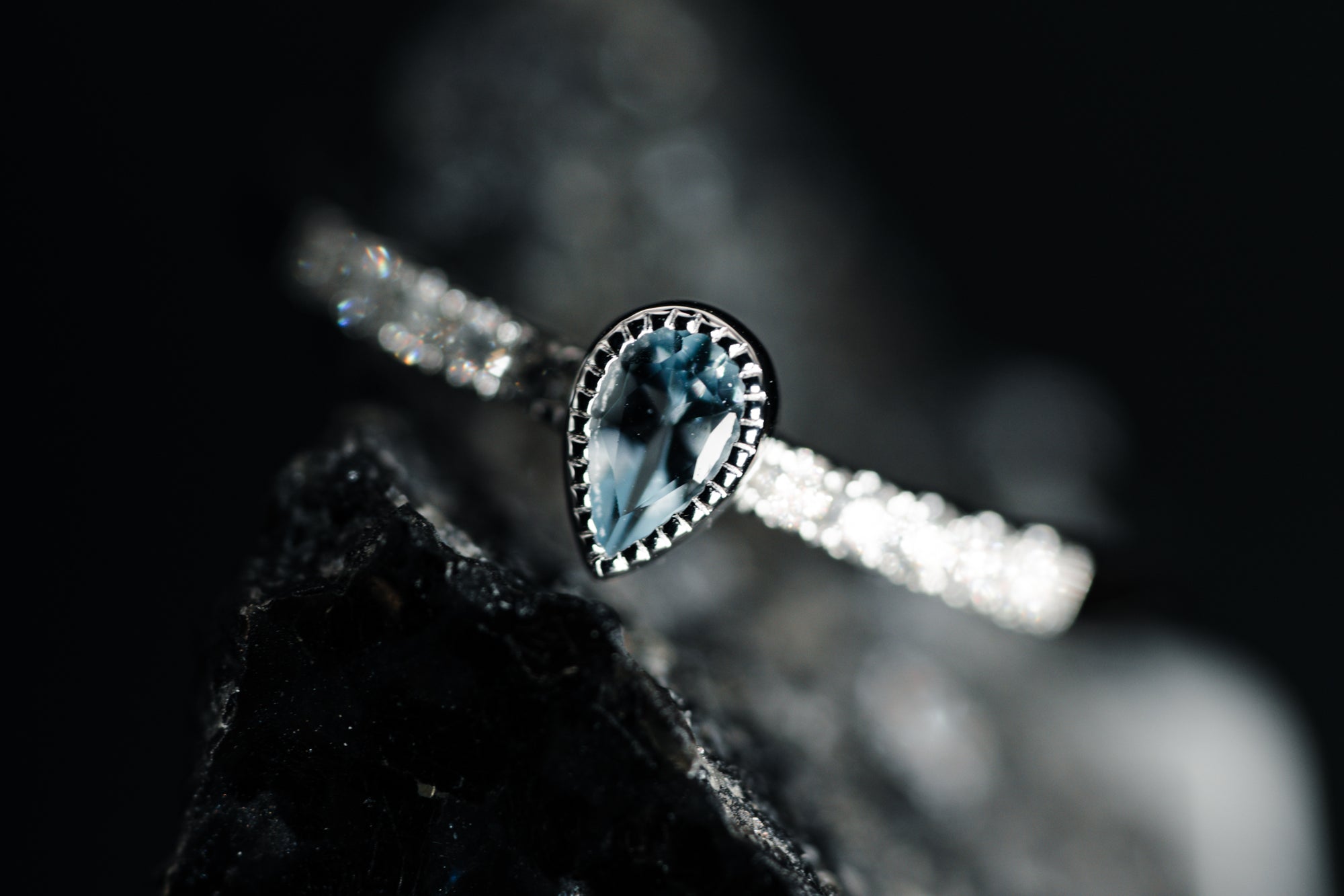 14K White Gold Bezel Set Blue Topaz and Diamond Ring