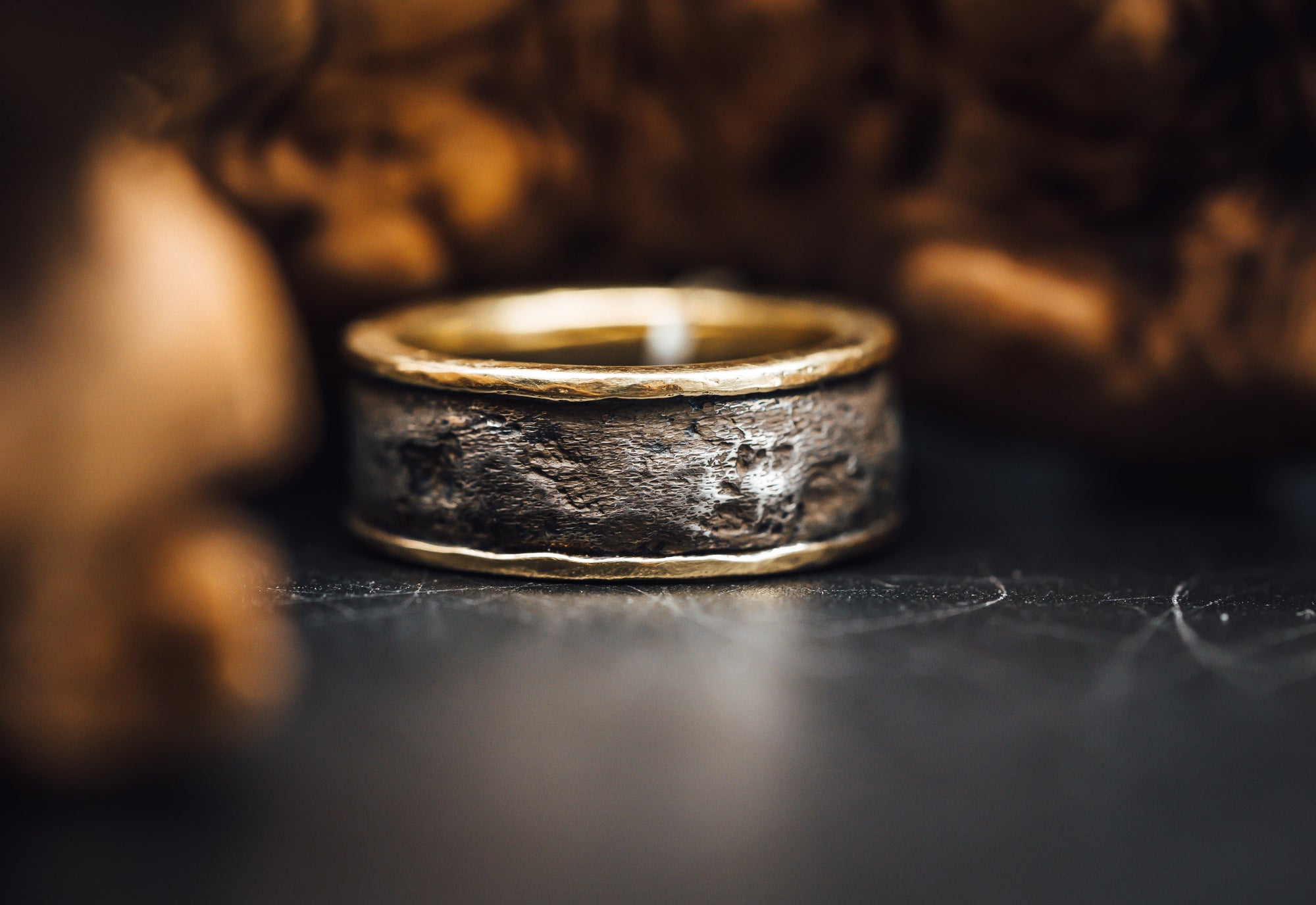 Oxidized Textured Sterling Silver and 18k Yellow Gold Diamond Men's Band