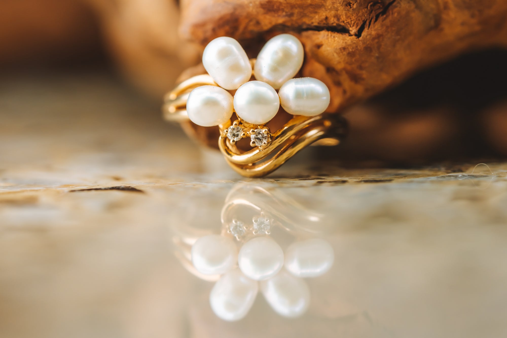 14k Yellow Gold Pearl and Diamond Ring