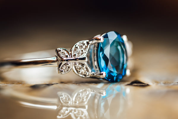 London Blue Topaz Ring 14K White on sale Gold Cluster Ring Emerald Shaped Blue Gem with Angel's Wings Ring